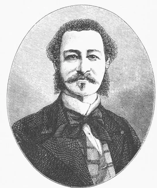 Grabado de Buenaventura Báez en un óvalo, de medio cuerpo, con el pelo rizado, bigote, perilla y corbata de lazo.