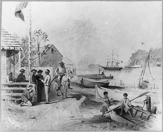 Acuarela en blanco y negro. En primer plano, unos hombres conversan junto a un jinete y dos niños están en una canoa; al fondo, la bahía de Samaná con un velero, un muelle y el asta con la bandera de la estación carbonera de Estados Unidos.