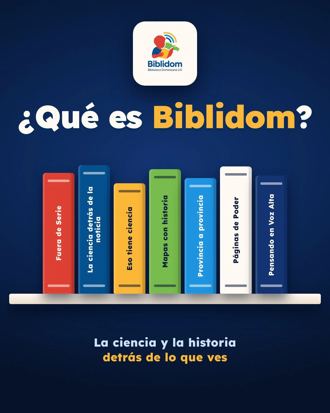 El logo de Biblidom y la pregunta «¿Qué es Biblidom?» sobre un estante con siete libros, uno por serie, Fuera de Serie, La ciencia detrás de la noticia, Eso tiene ciencia, Mapas con historia, Provincia a provincia, Páginas de Poder y Pensando en Voz Alta. Debajo, «La ciencia y la historia detrás de lo que ves».